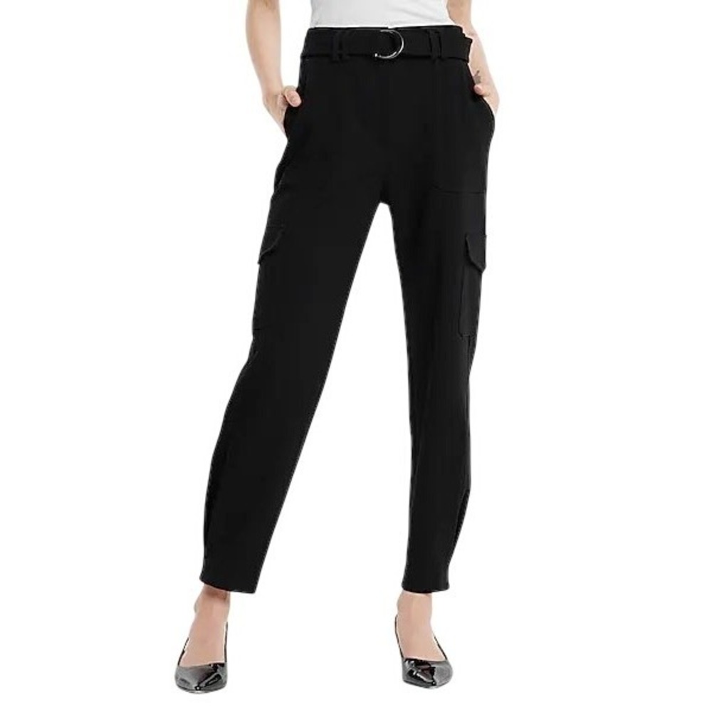 🆕 EXPRESS Super High Waisted Belted Tapered Black Cargo Pants NWT $98 Size 6